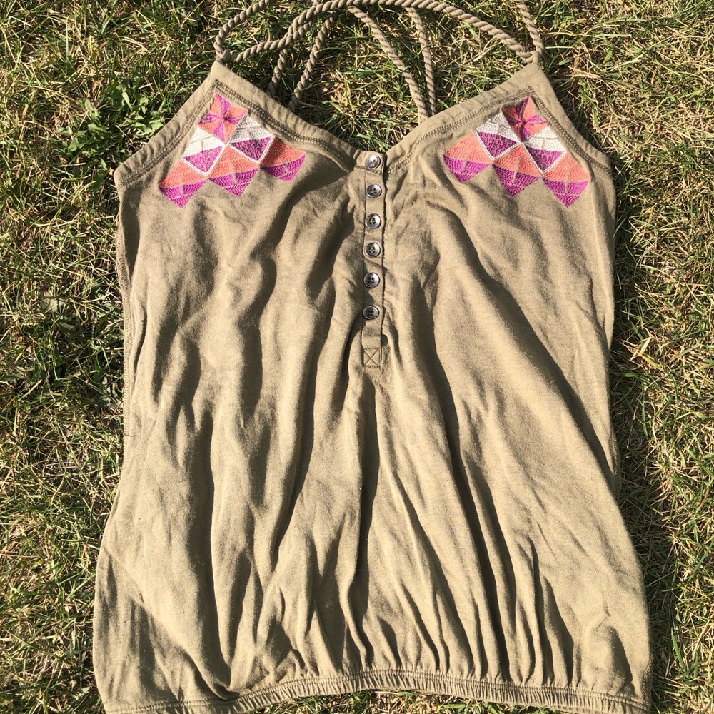 Vintage Garage Olive Green Halter Tank with Pink Geometric Embroidery